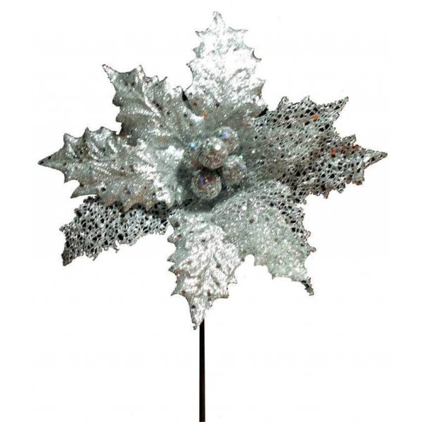 Χριστουγεννιάτικο Λουλούδι Αλεξανδρινό, Ασημί με Γκι (20 cm)